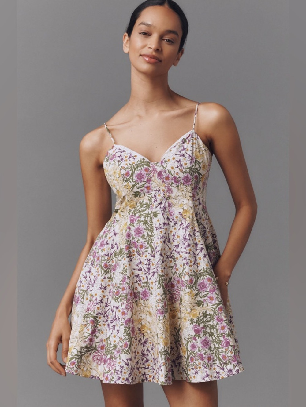 Maeve Floral Mini Dress in White with Pink, Green and Yellow Print